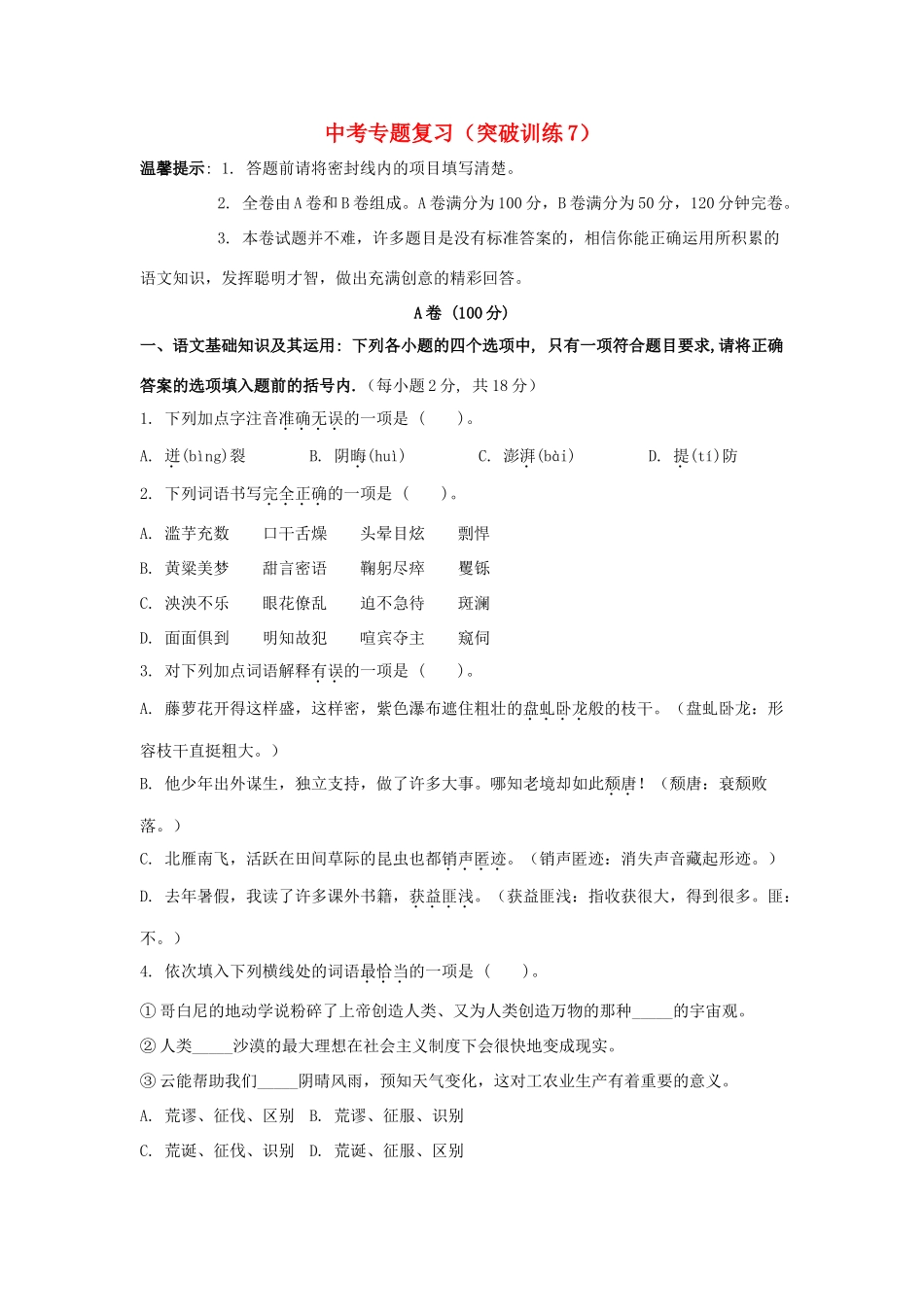 中考语文专题复习百套卷突破训练(7)试卷_第1页