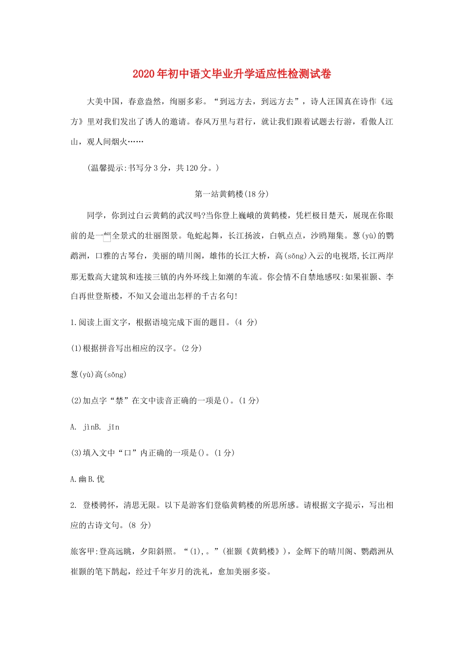 中考语文适应性检测试卷_第1页