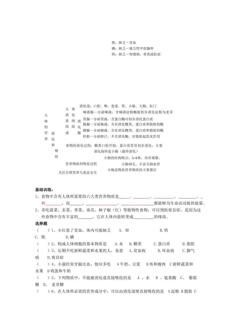 中考生物专题复习(六)人体的营养 人教新课标版试卷_第3页