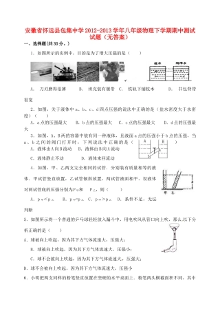 安徽省怀远县八年级物理下学期期中测试试卷试卷