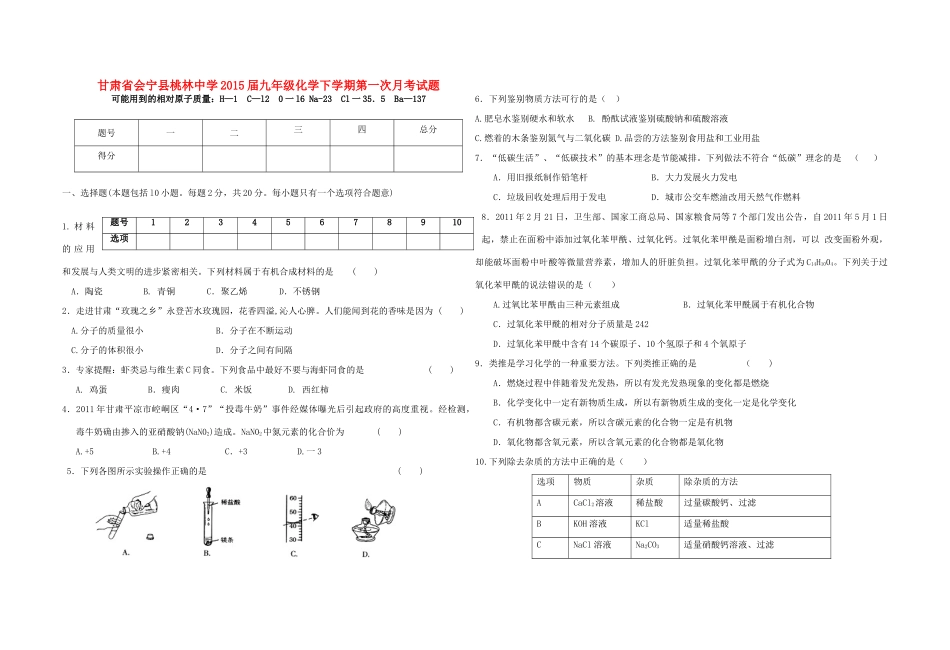 九年级化学下学期第一次月考试卷 粤教版试卷_第1页