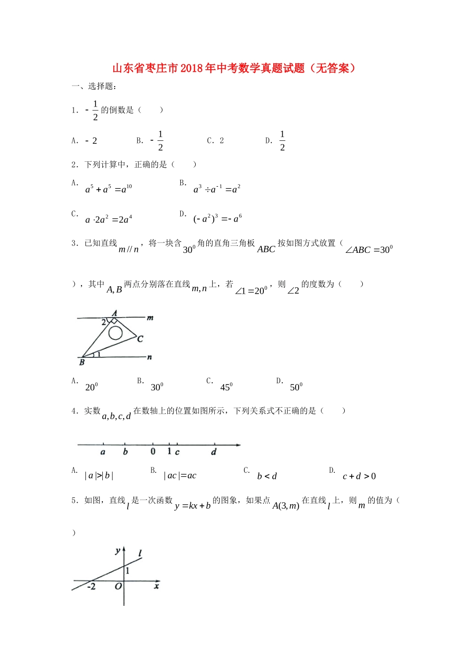 山东省枣庄市中考数学真题试卷试卷_第1页