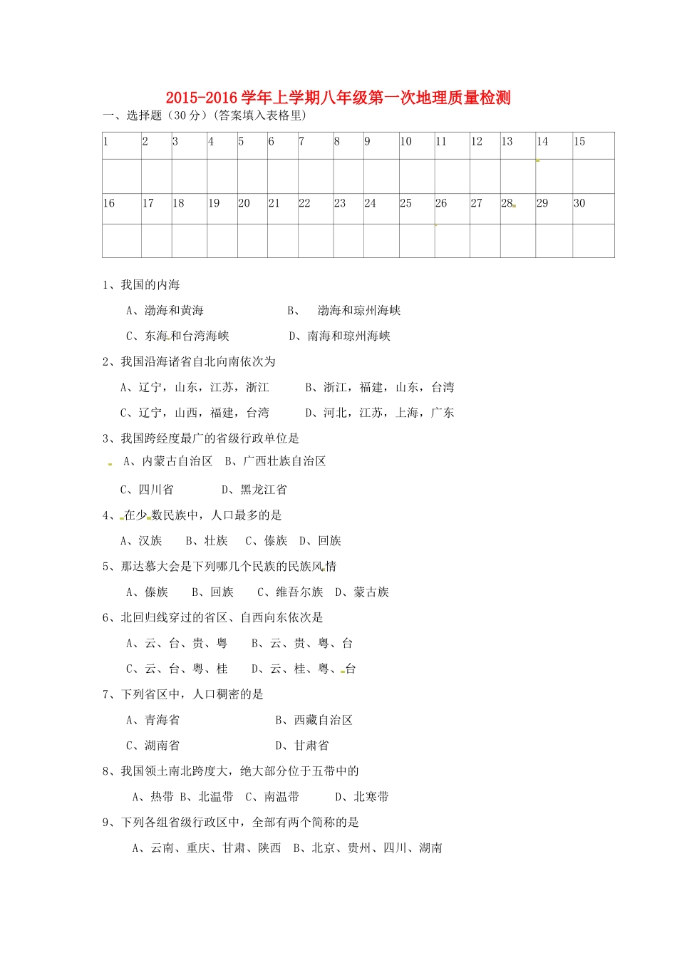 安徽省五河县 八年级地理上学期第一次质量检测试卷 新人教版试卷_第1页