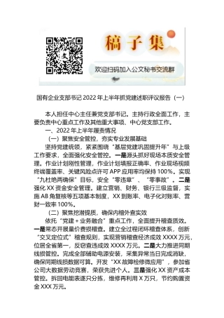 国有企业支部书记2022年上半年抓党建述职评议报告（2篇）