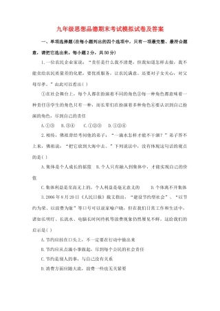 九年级政治期末考试模拟试卷  人教新课标版试卷