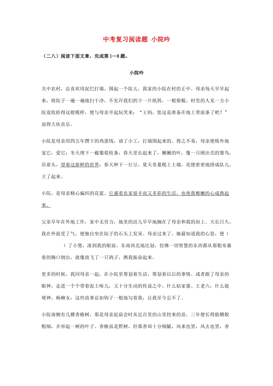 中考语文阅读题复习 小院吟试卷_第1页