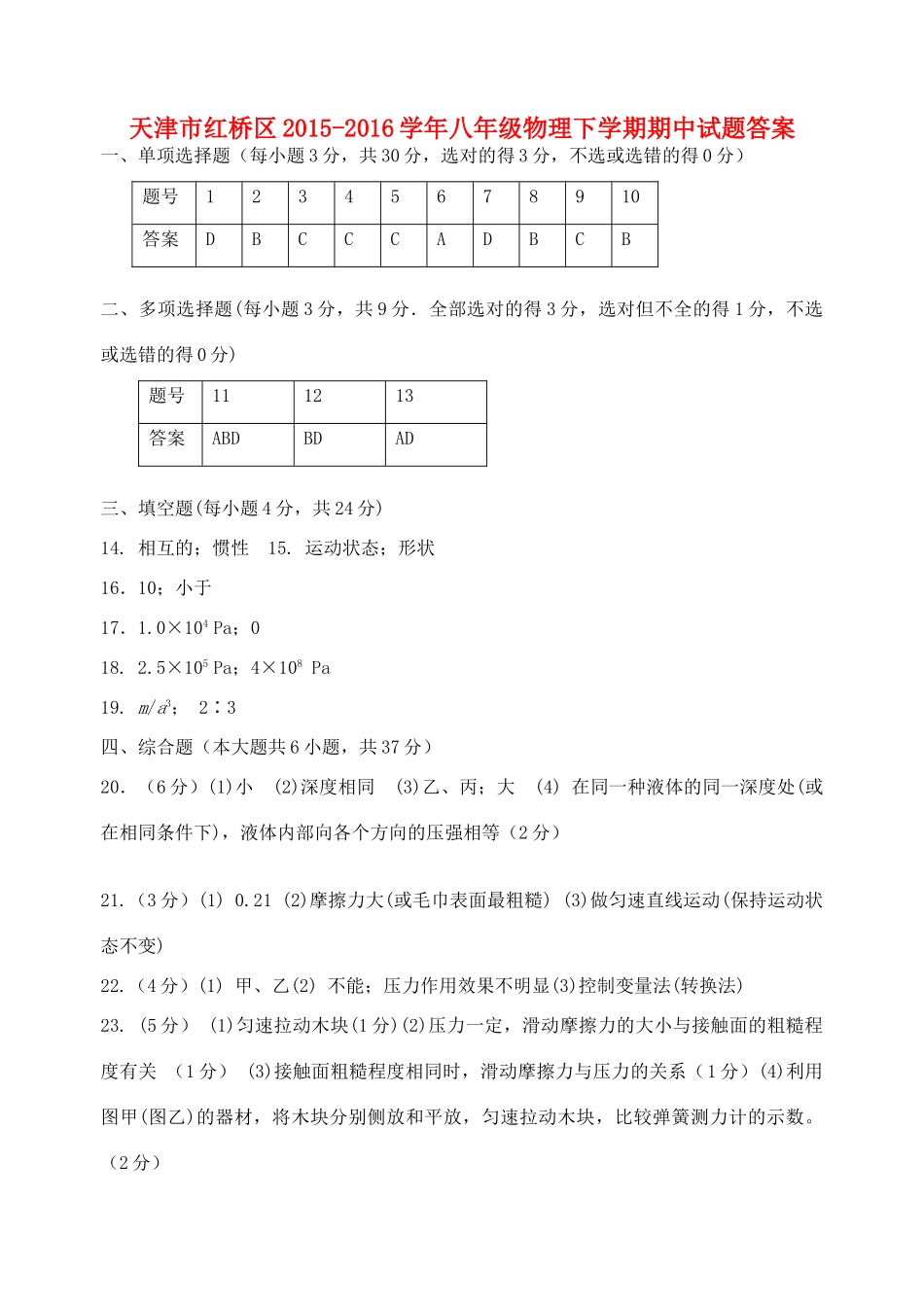 天津市红桥区八年级物理下学期期中试卷答案 新人教版 天津市红桥区八年级物理下学期期中试卷(pdf) 新人教版 天津市红桥区八年级物理下学期期中试卷(pdf) 新人教版_第1页