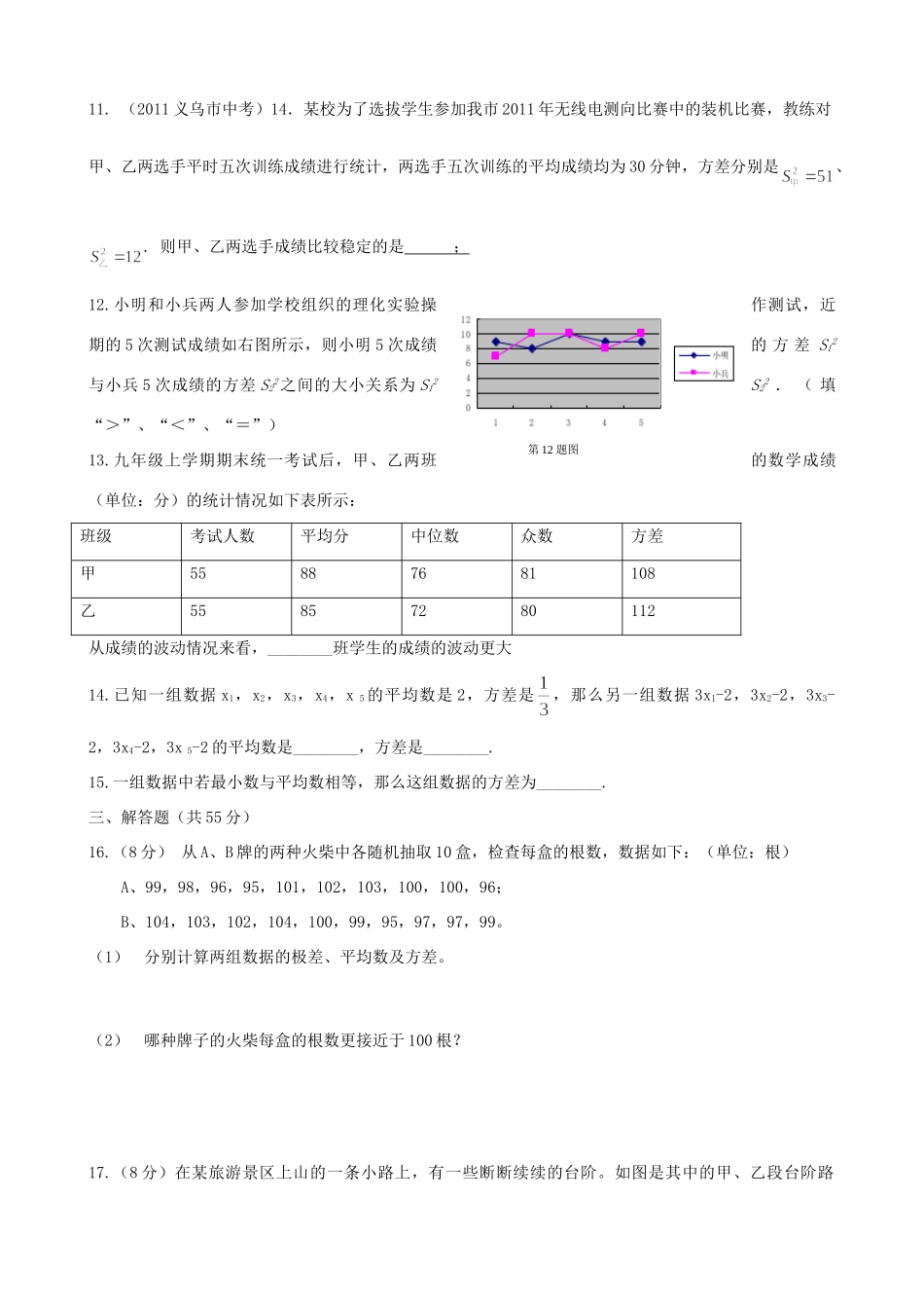九年级数学(数据的离散程度)单元测试试卷_第2页