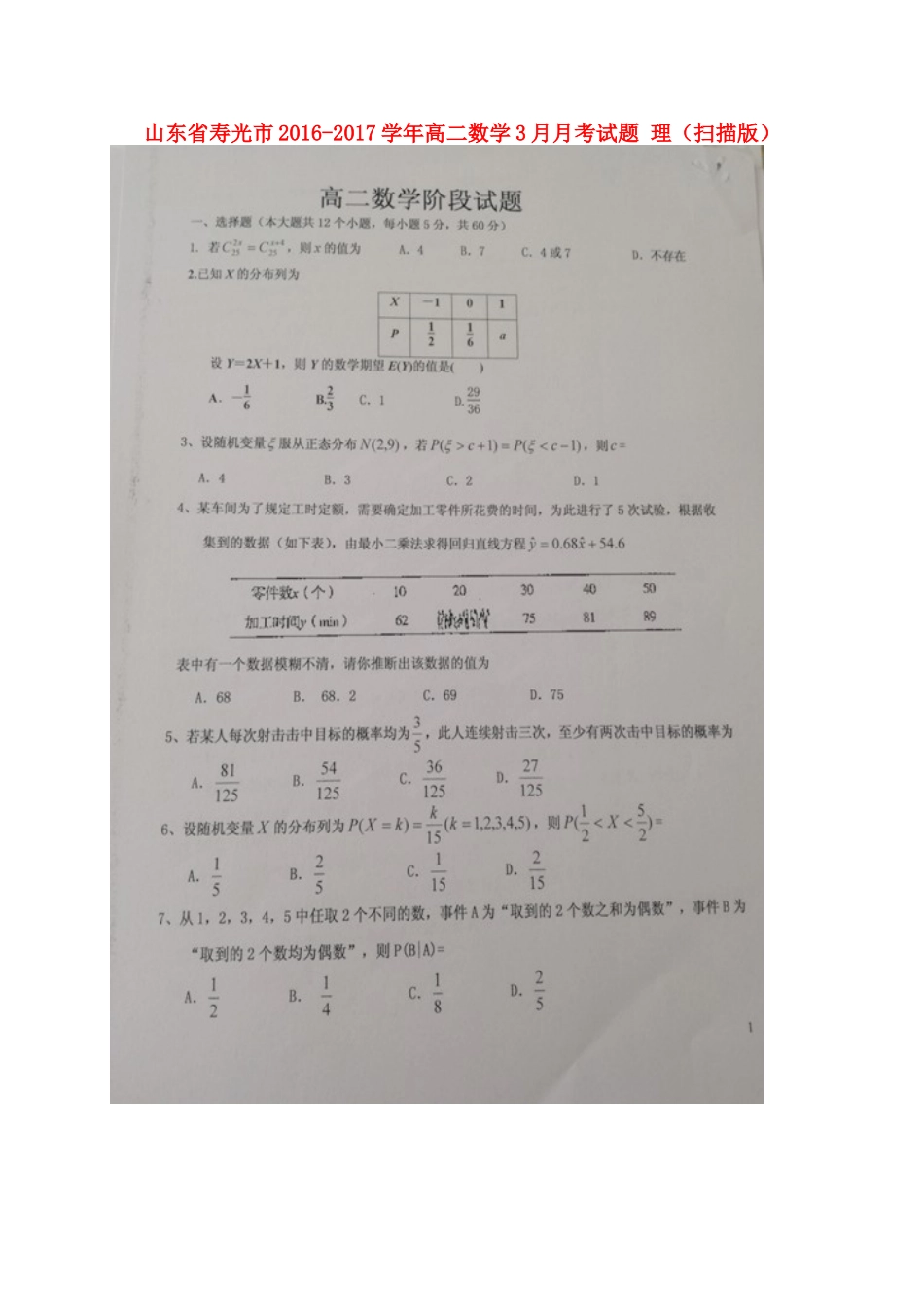 山东省寿光市 高二数学3月月考试卷 理试卷_第1页