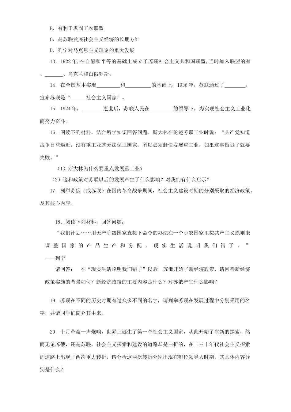 九年级历史第2课苏联社会主义道路的探索单元检测题试卷_第2页