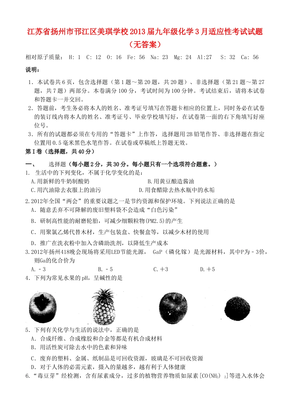 九年级化学3月适应性考试试卷试卷_第1页