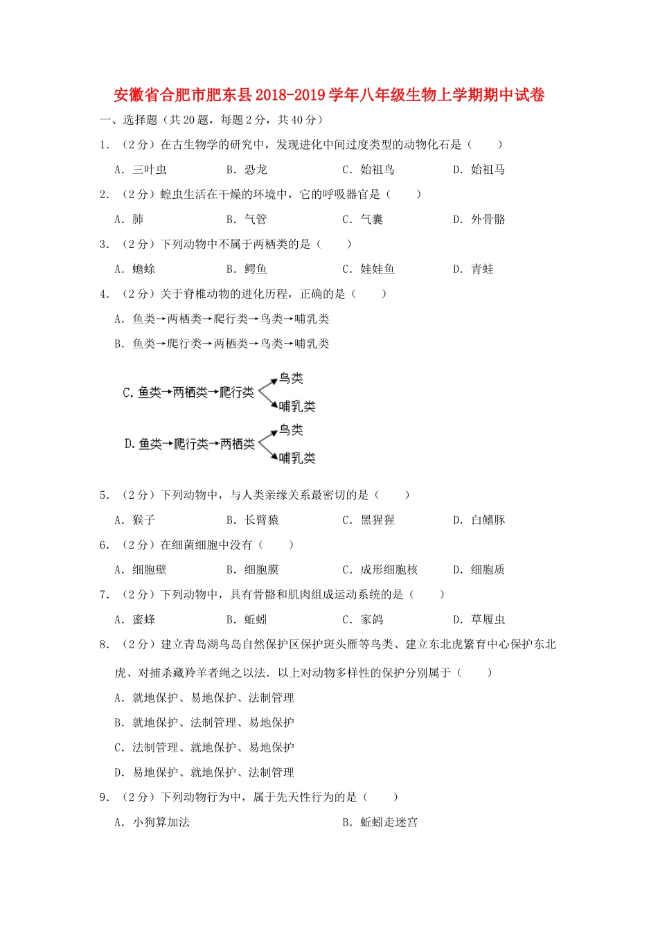 安徽省合肥市肥东县 八年级生物上学期期中试卷试卷_第1页