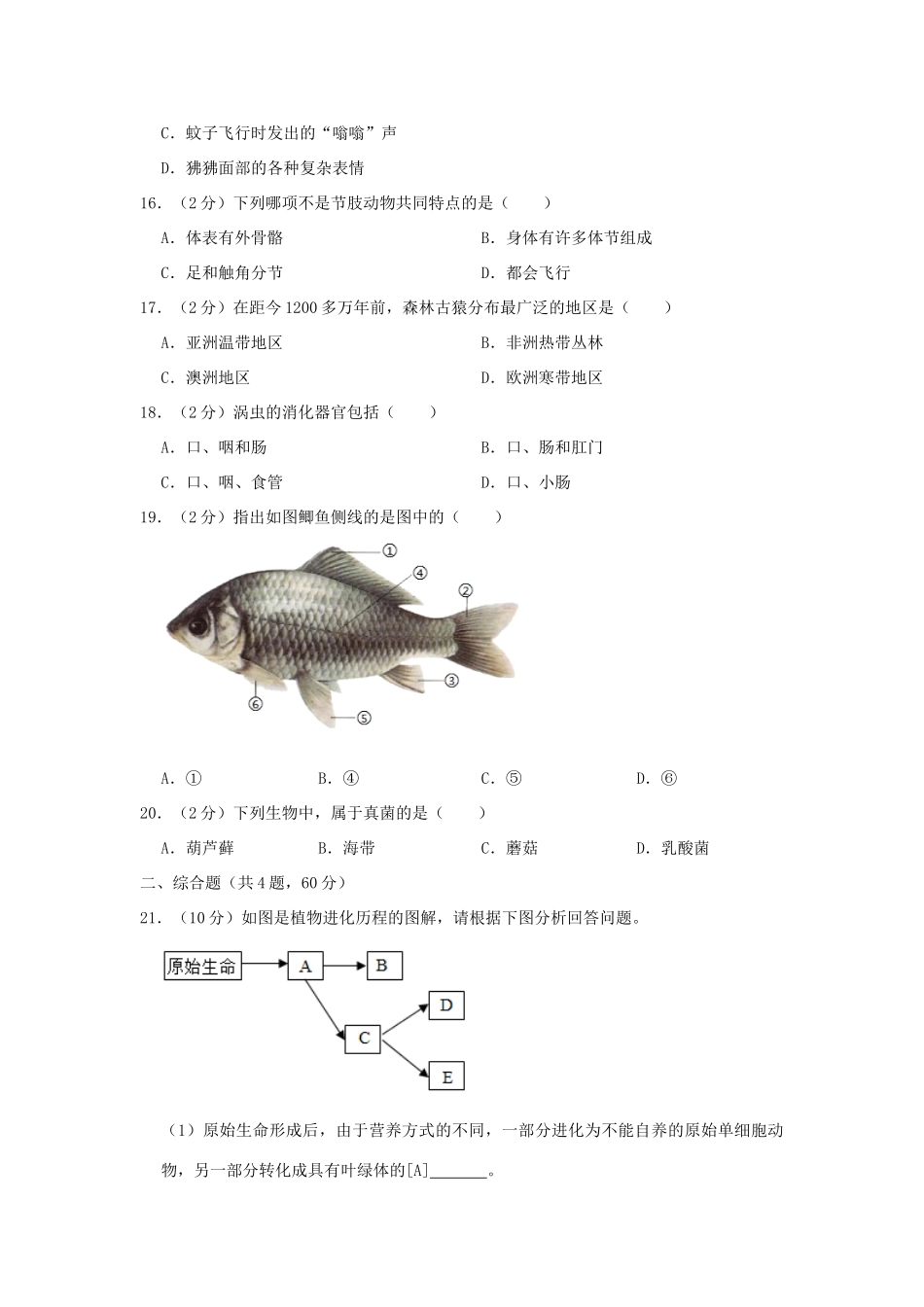 安徽省合肥市肥东县 八年级生物上学期期中试卷试卷_第3页