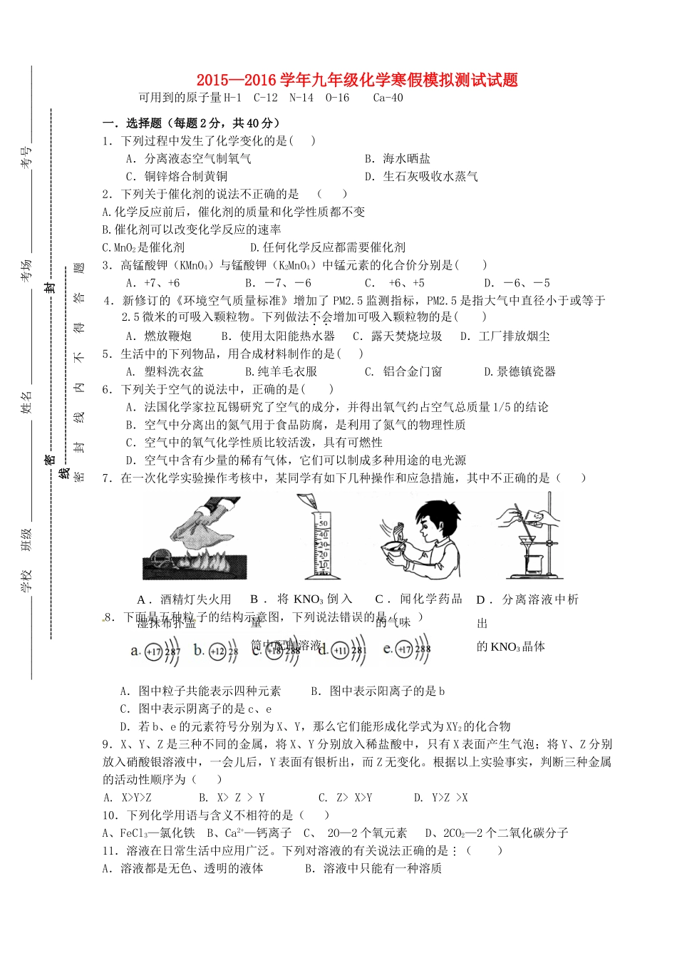 九年级化学寒假模拟测试试卷试卷_第1页