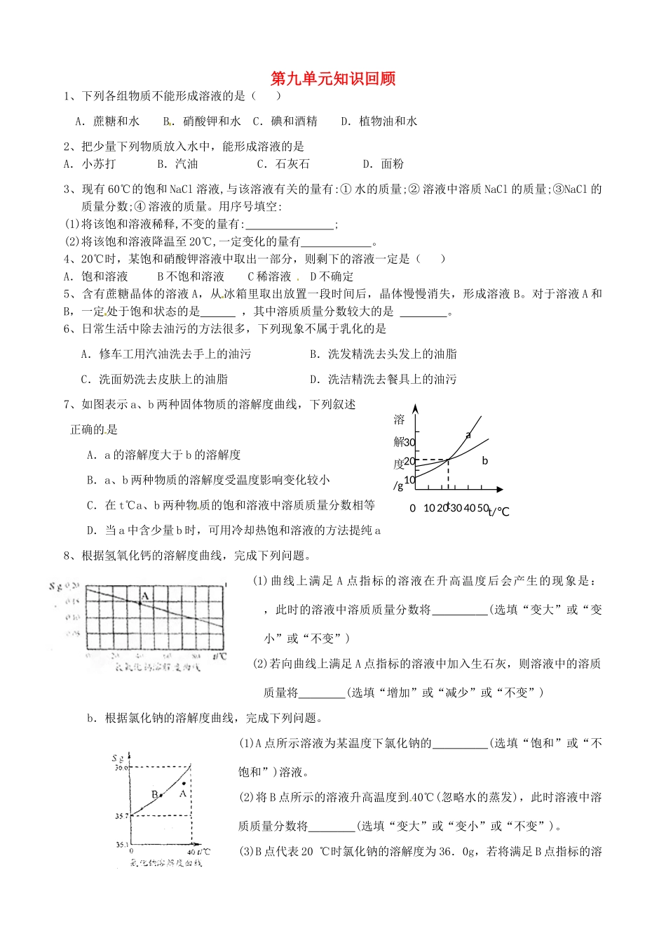 九年级化学下册 第九单元(溶液)知识回顾 新人教版试卷_第1页