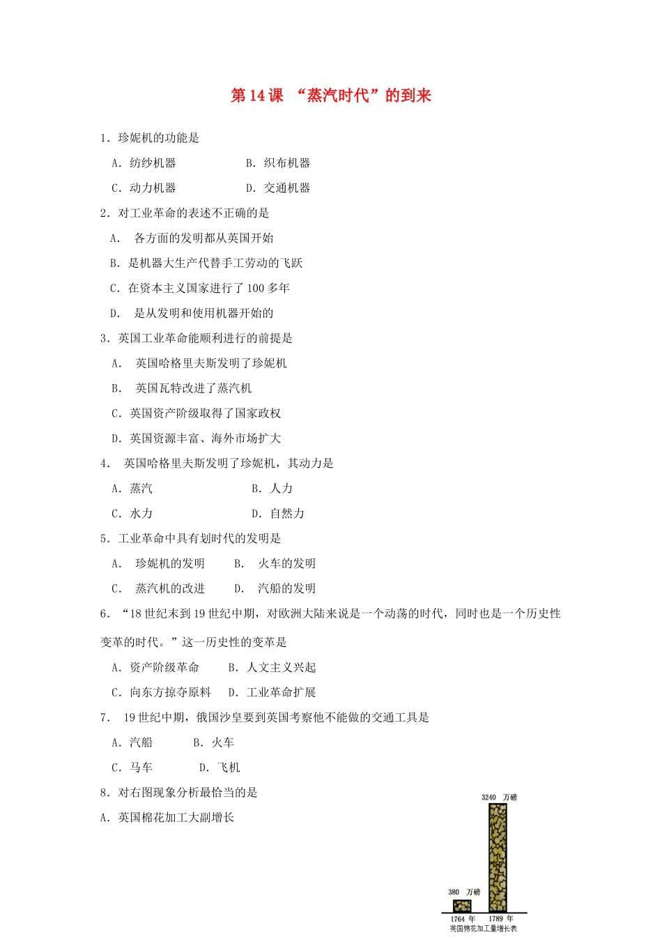 九年级历史上册 第14课  蒸汽时代 的到来测试卷 人教新课标版试卷_第1页