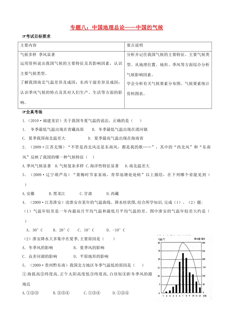 四川泸州外国语级八年级地理下学期结业考试资料 专题八 中国地理总论—中国的气候(1)试卷_第1页