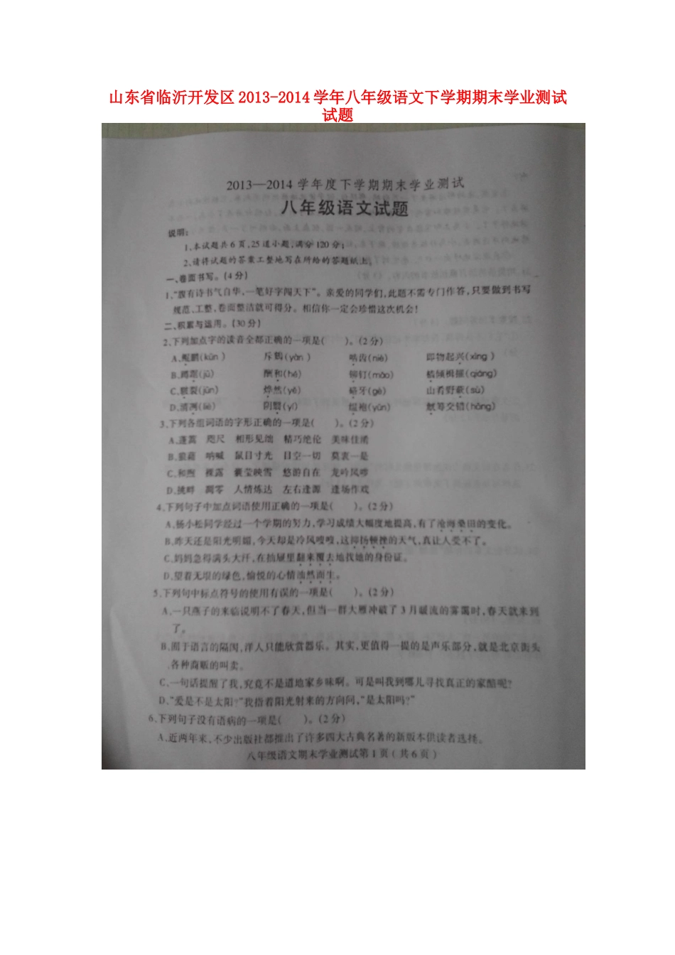 山东省临沂开发区八年级语文下学期期末学业测试试卷(扫描版，暂无答案)试卷_第1页