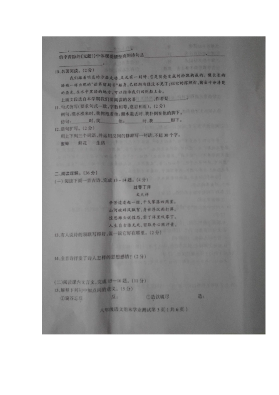 山东省临沂开发区八年级语文下学期期末学业测试试卷(扫描版，暂无答案)试卷_第3页