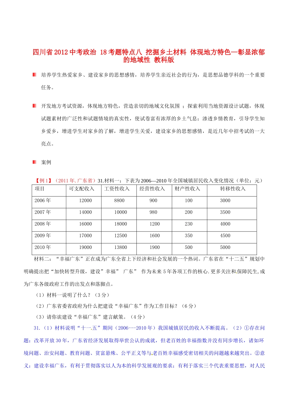 四川省中考政治 18考题特点八 挖掘乡土材料 体现地方特色—彰显浓郁的地域性 教科版试卷_第1页