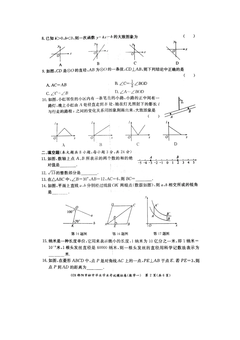 初中数学毕业学业考试模拟试题(一)(扫描版) 试题_第2页