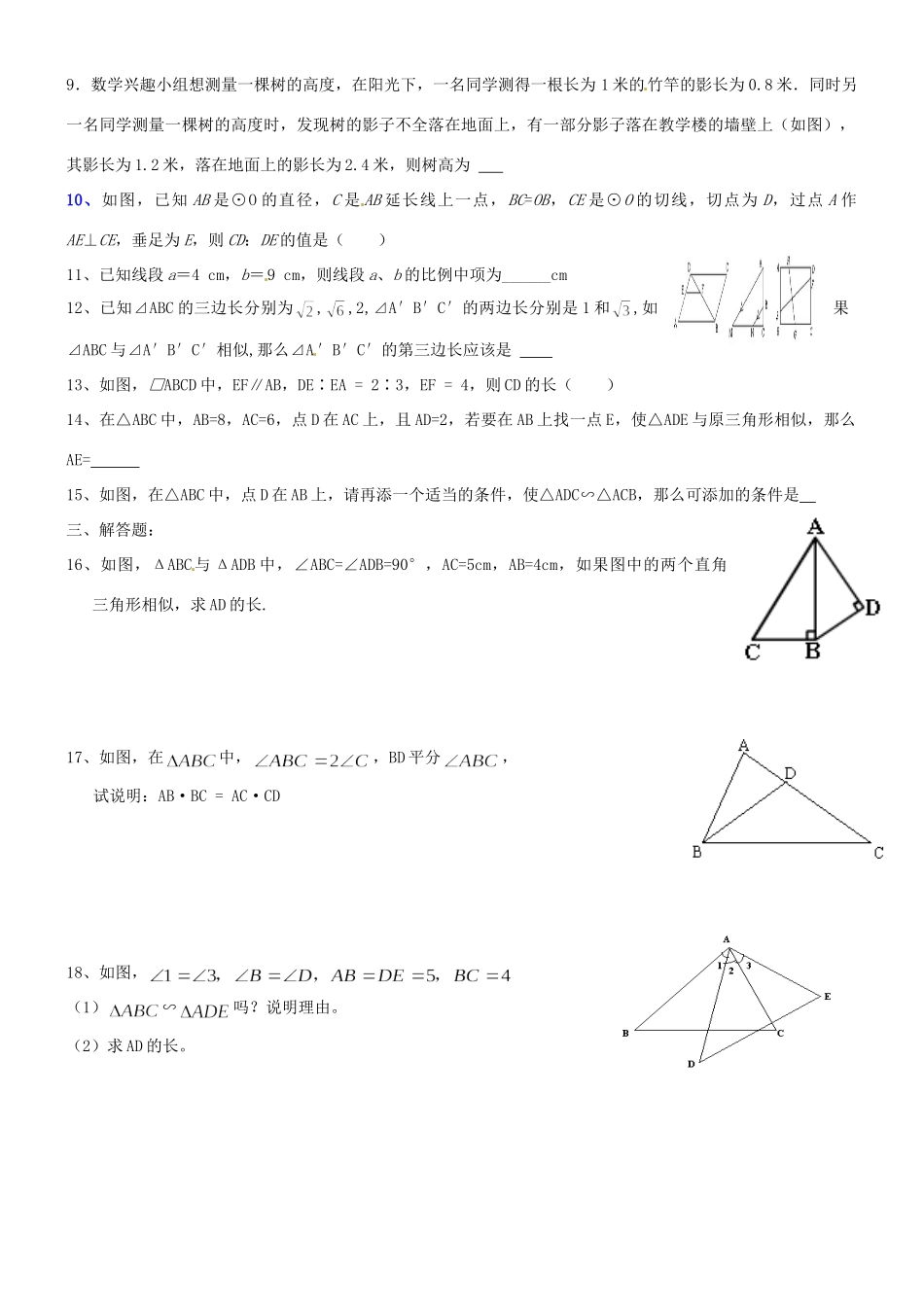 九年级数学上册(相似三角形)测试卷 新人教版试卷_第2页