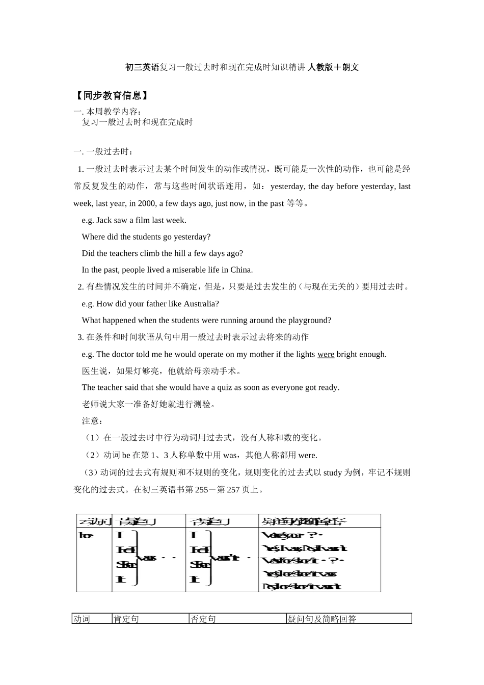 初三英语复习一般过去时和现在完成时知识精讲 人教版＋朗文 试题_第1页