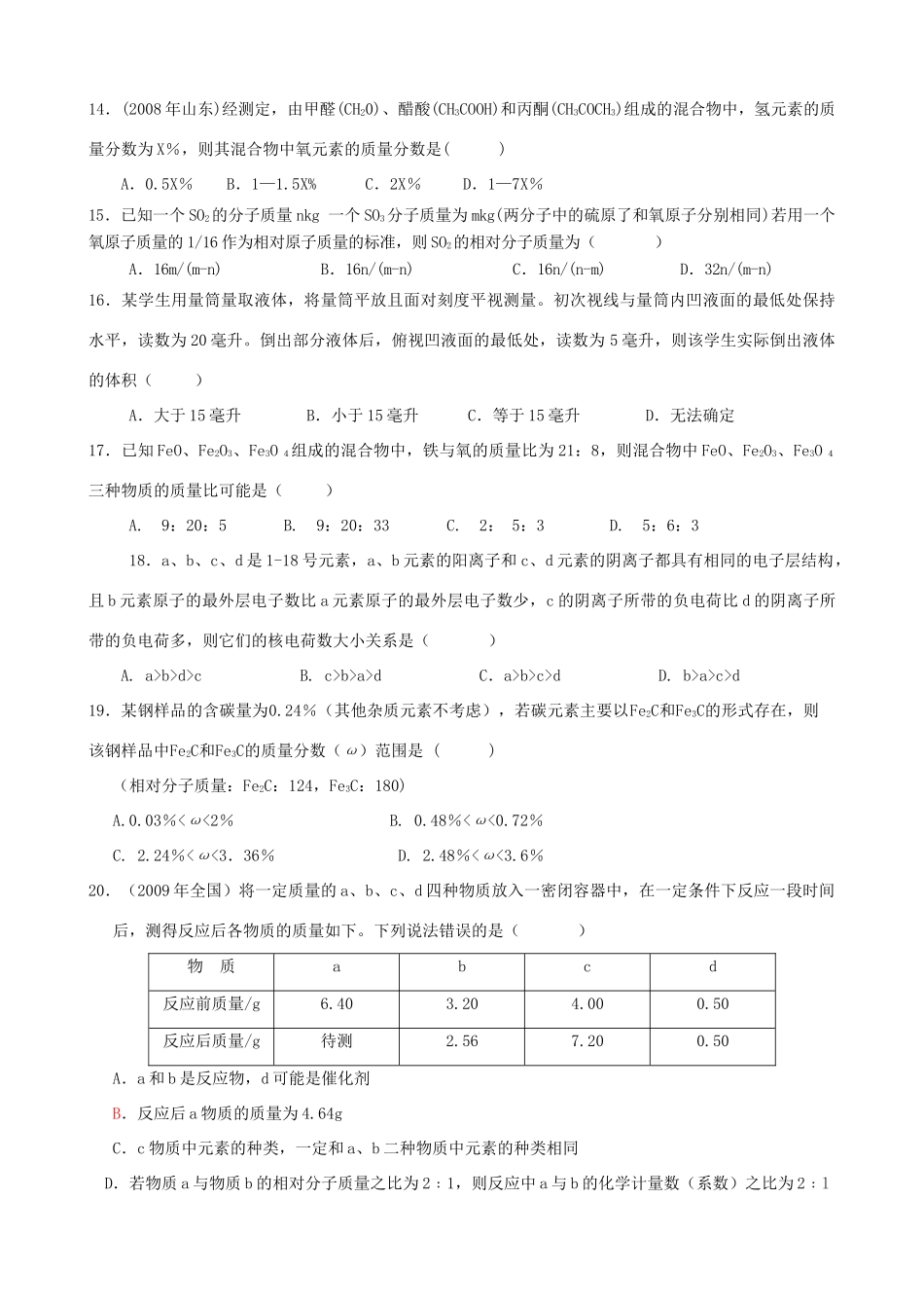 初中化学竞赛班第一单元至第五单元同步训练试卷 (无答案) 试题_第3页