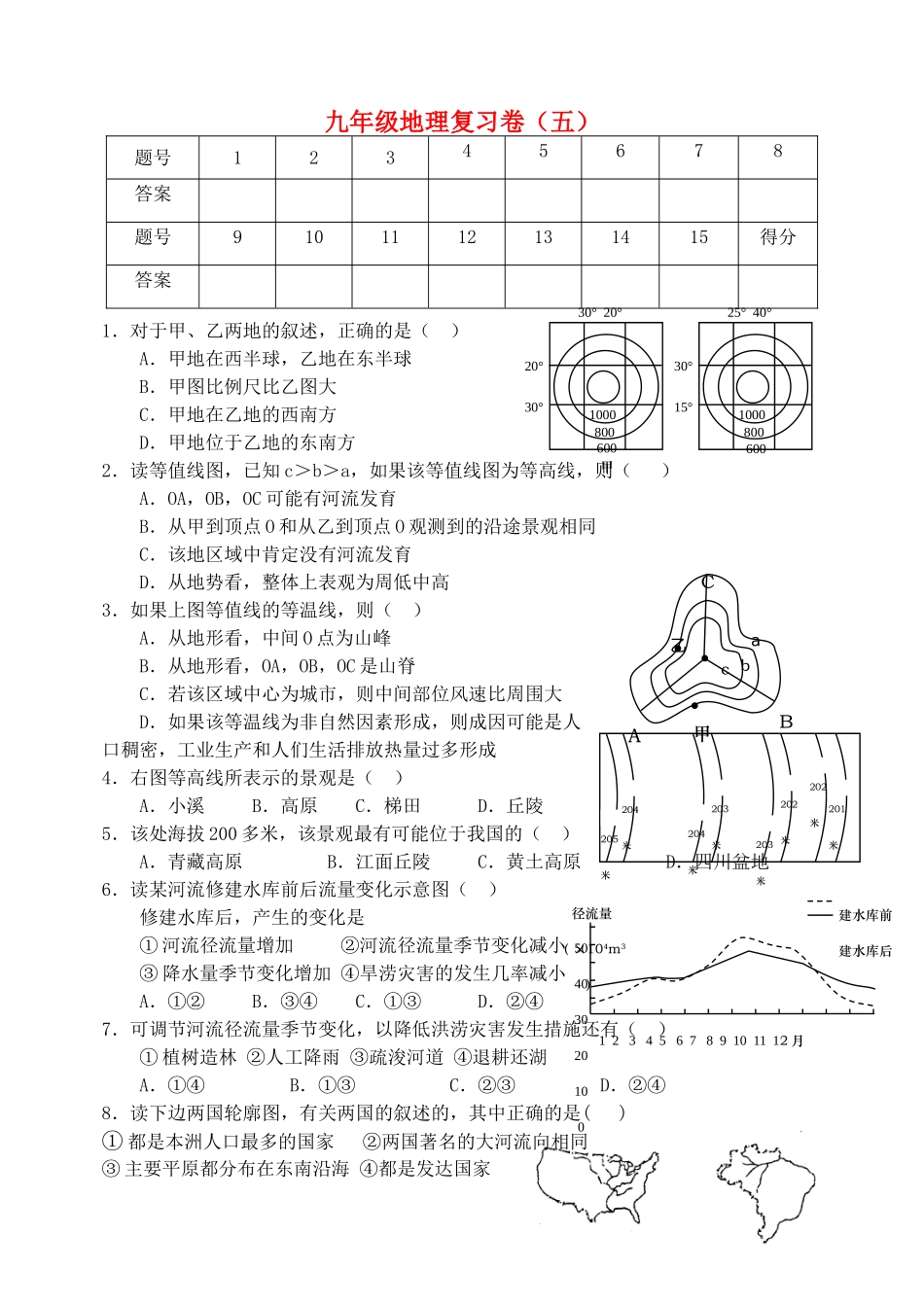 九年级地理复习卷(五) 新人教版试卷_第1页
