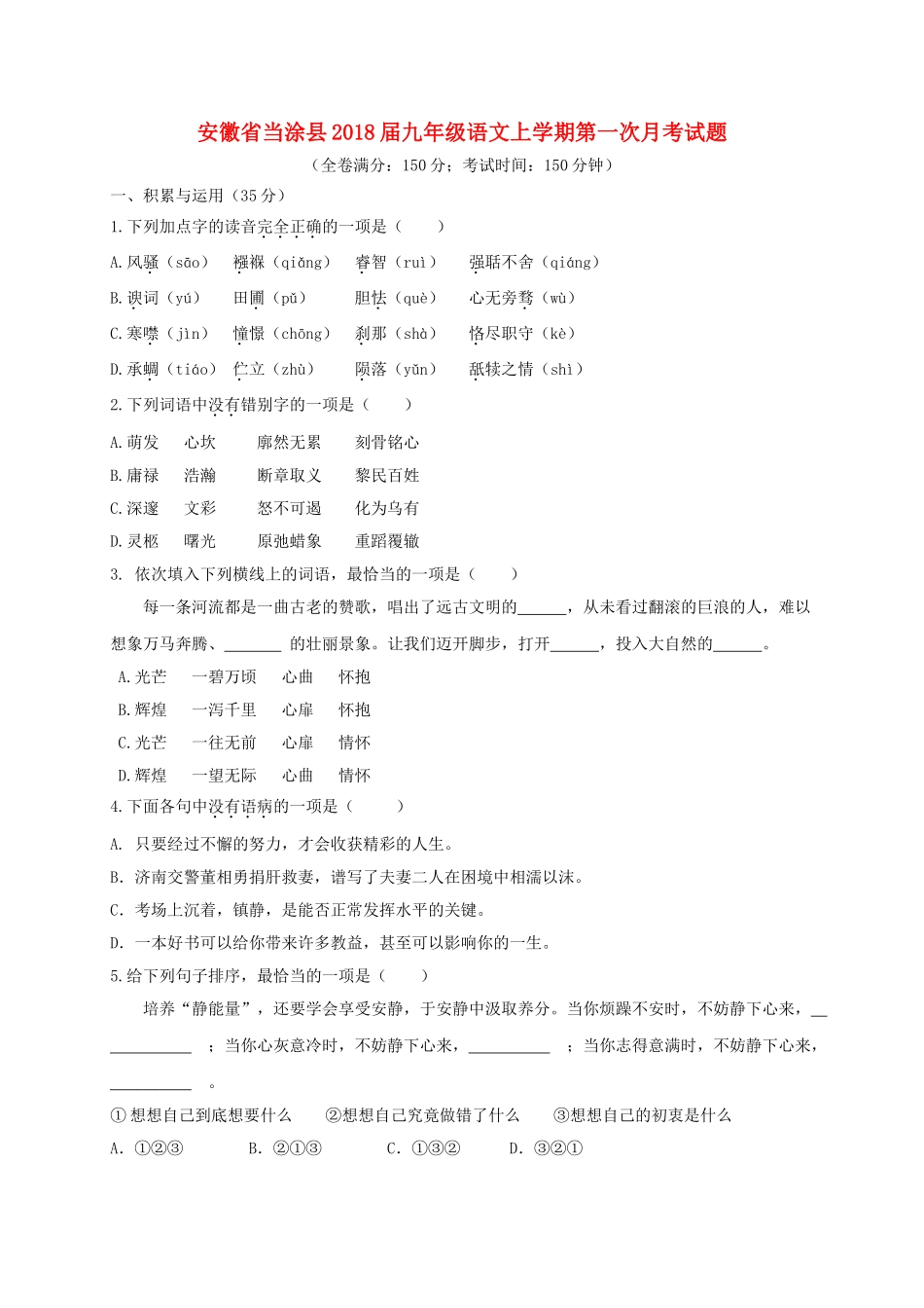 安徽省当涂县九年级语文上学期第一次月考试卷 新人教版试卷_第1页