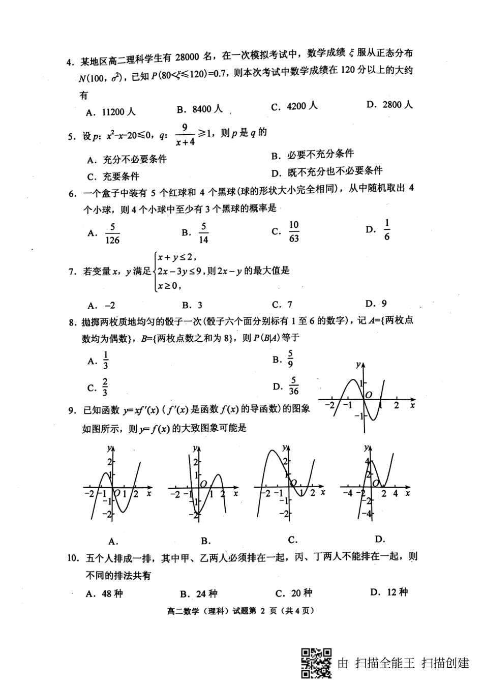 四川省绵阳市 高二数学下学期期末考试试卷 理(PDF，无答案)试卷_第2页