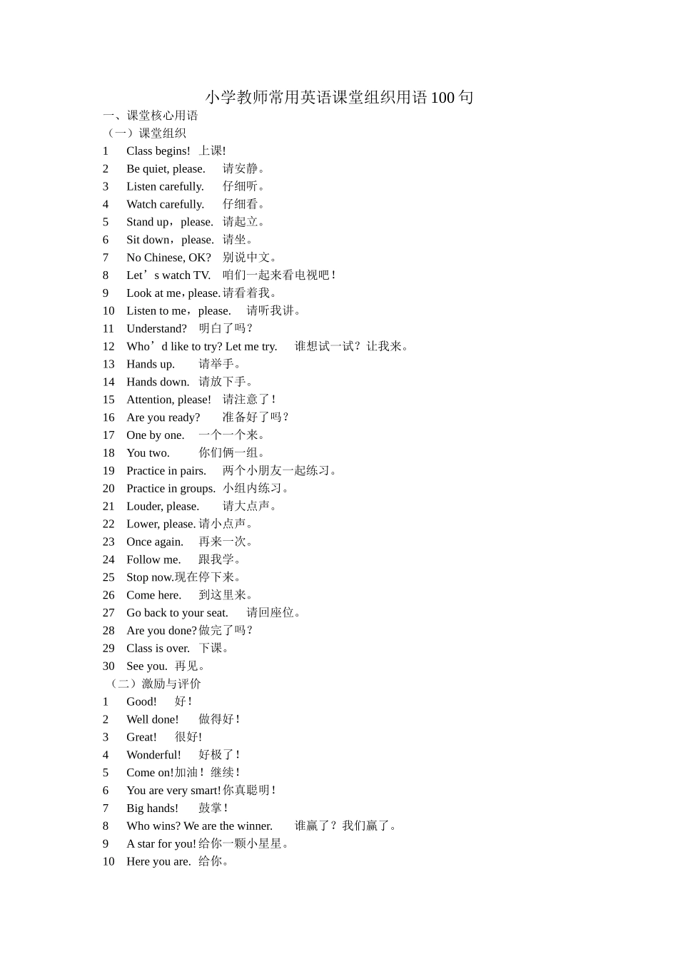 小学教师常用英语课堂组织用语100句2_第1页