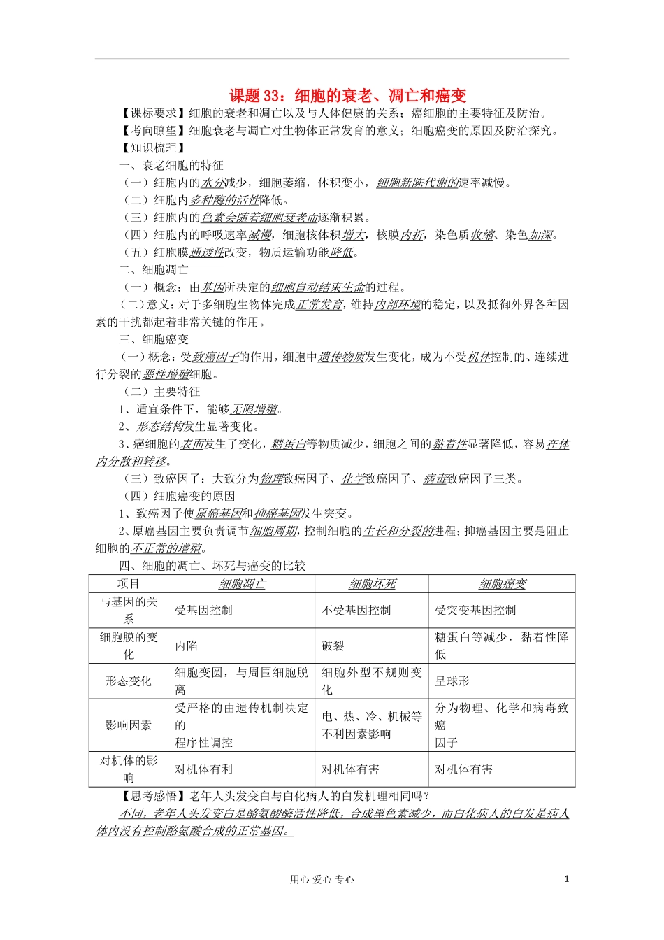 高中生物复习精讲精练-细胞的衰老、凋亡和癌变_第1页