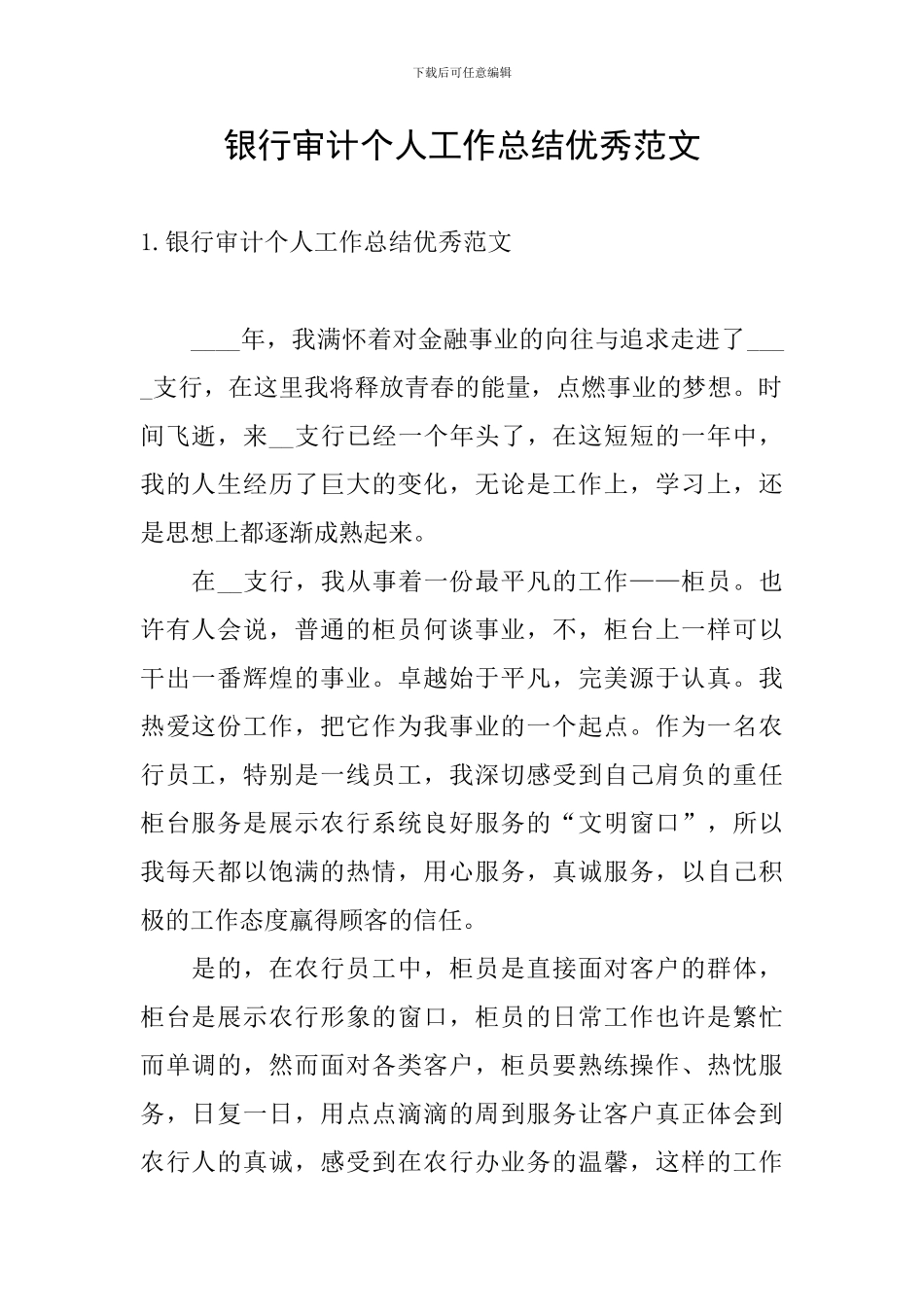 银行审计个人工作总结优秀范文_第1页