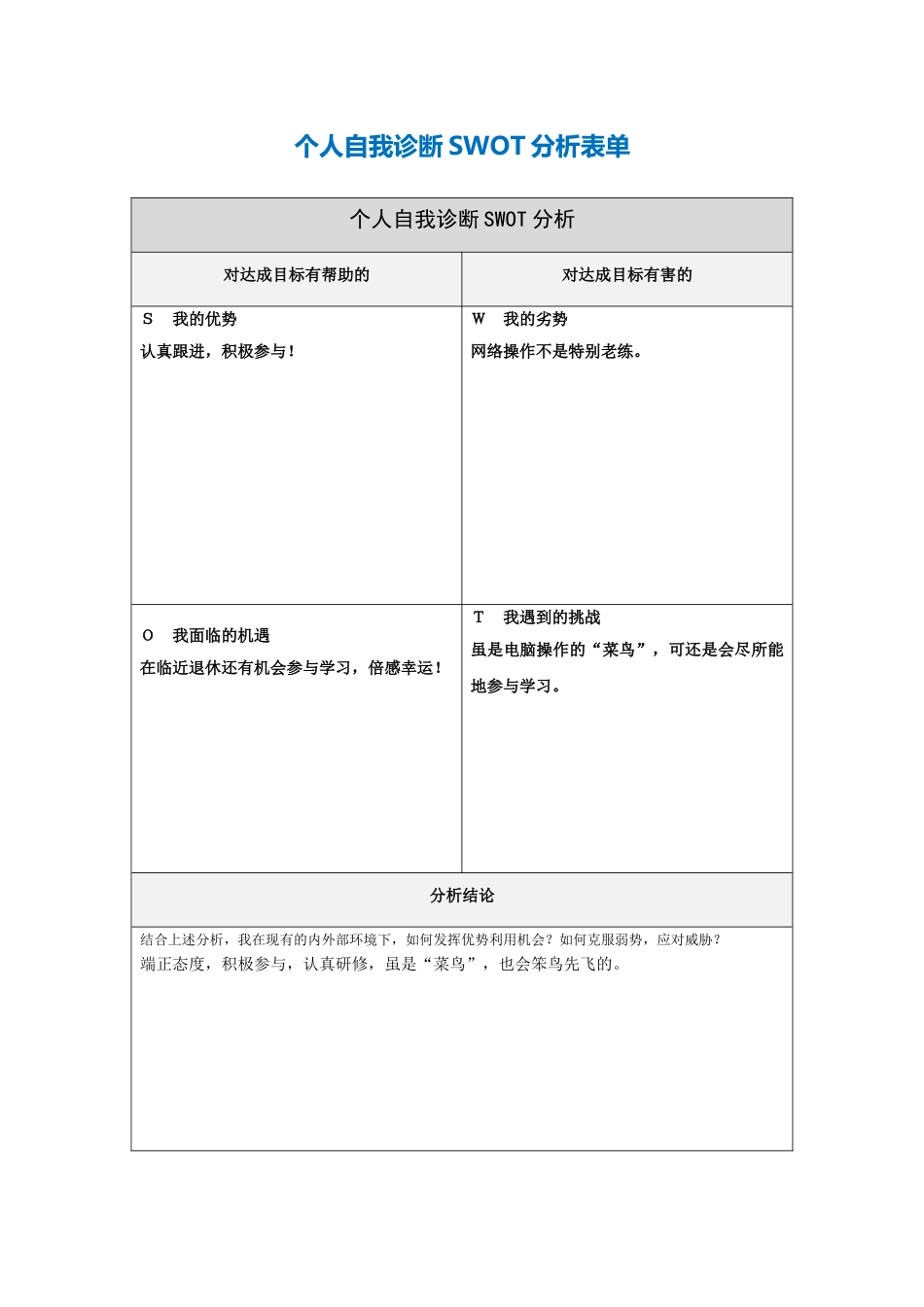 个人自我诊断SWOT分析表-(14)_第1页