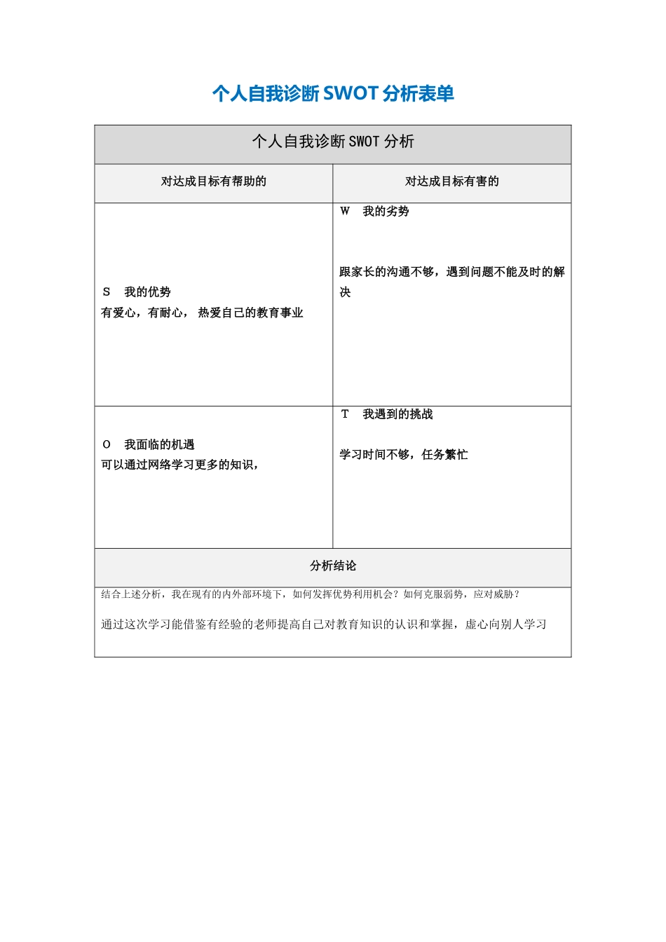 第一步骤所需文档：个人自我诊断SWOT分析表(副本)_第1页
