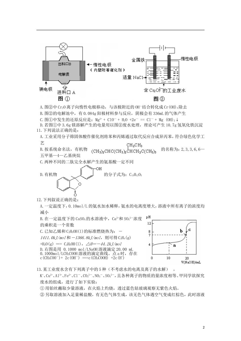 浙江省海宁市2013届高三化学2月期初测试试题试题新人教版_第2页