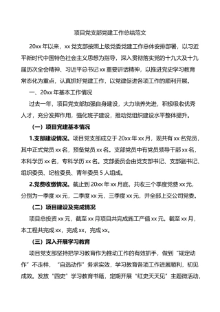 项目党支部党建工作总结范文含存在问题和下步计划工作汇报报告