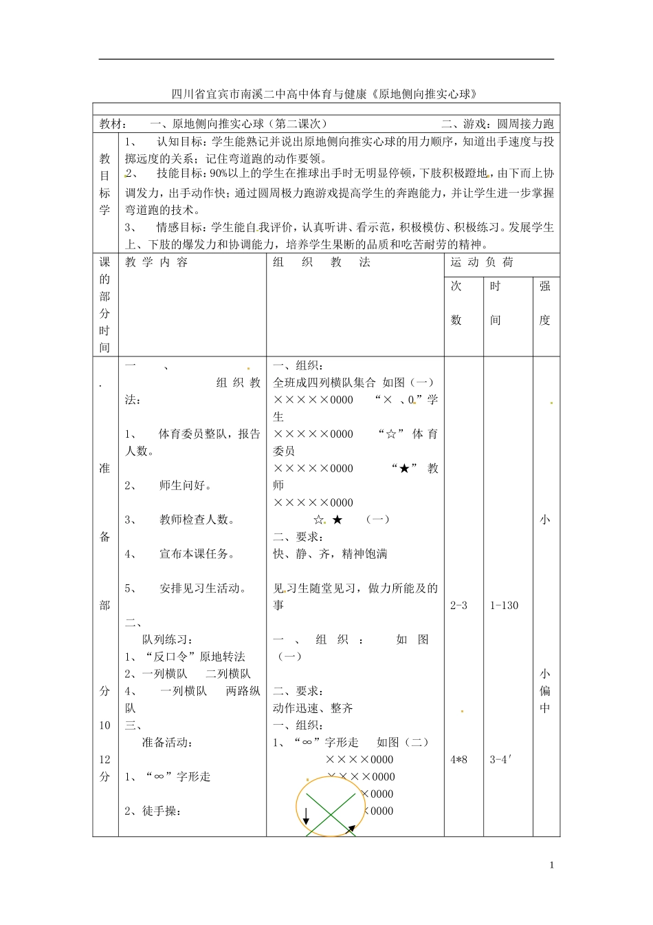 四川省宜宾市南溪二中高中体育与健康《原地侧向推实心球》教案-新人教版_第1页