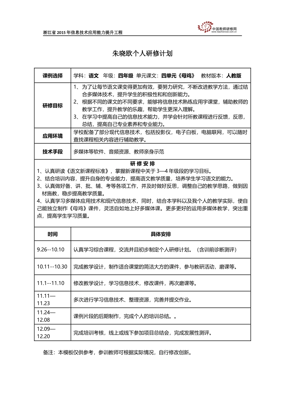 朱晓欧个人研修计划模板_第1页