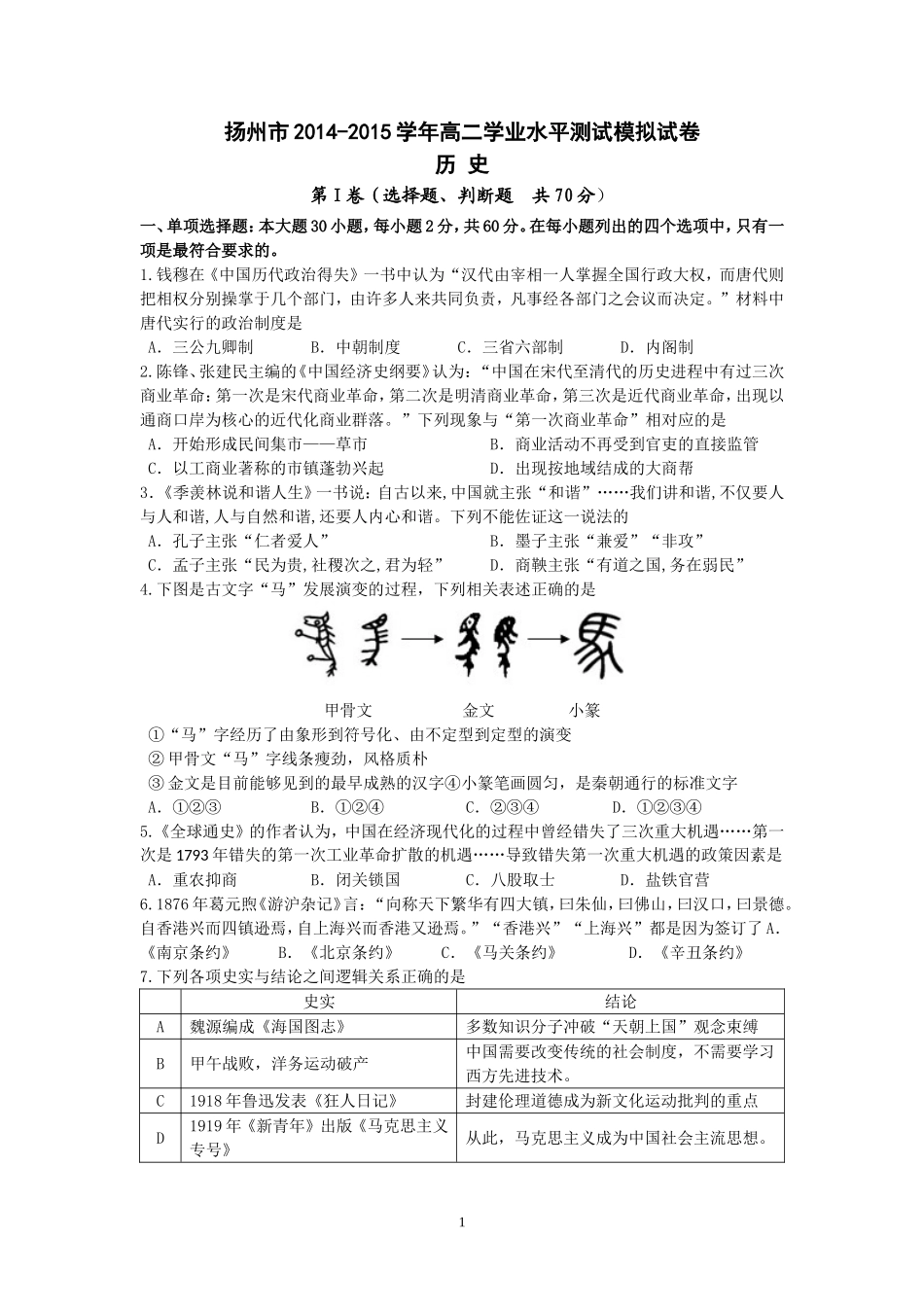 扬州市2015年高二学业水平测试模拟试卷(二)历史_第1页