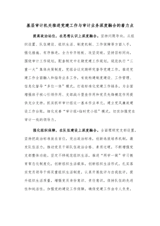 基层审计机关推进党建工作与审计业务深度融合的着力点