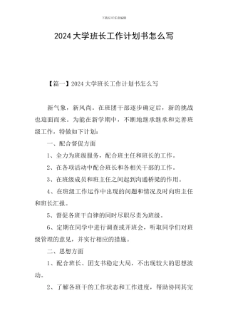 2024大学班长工作计划书怎么写
