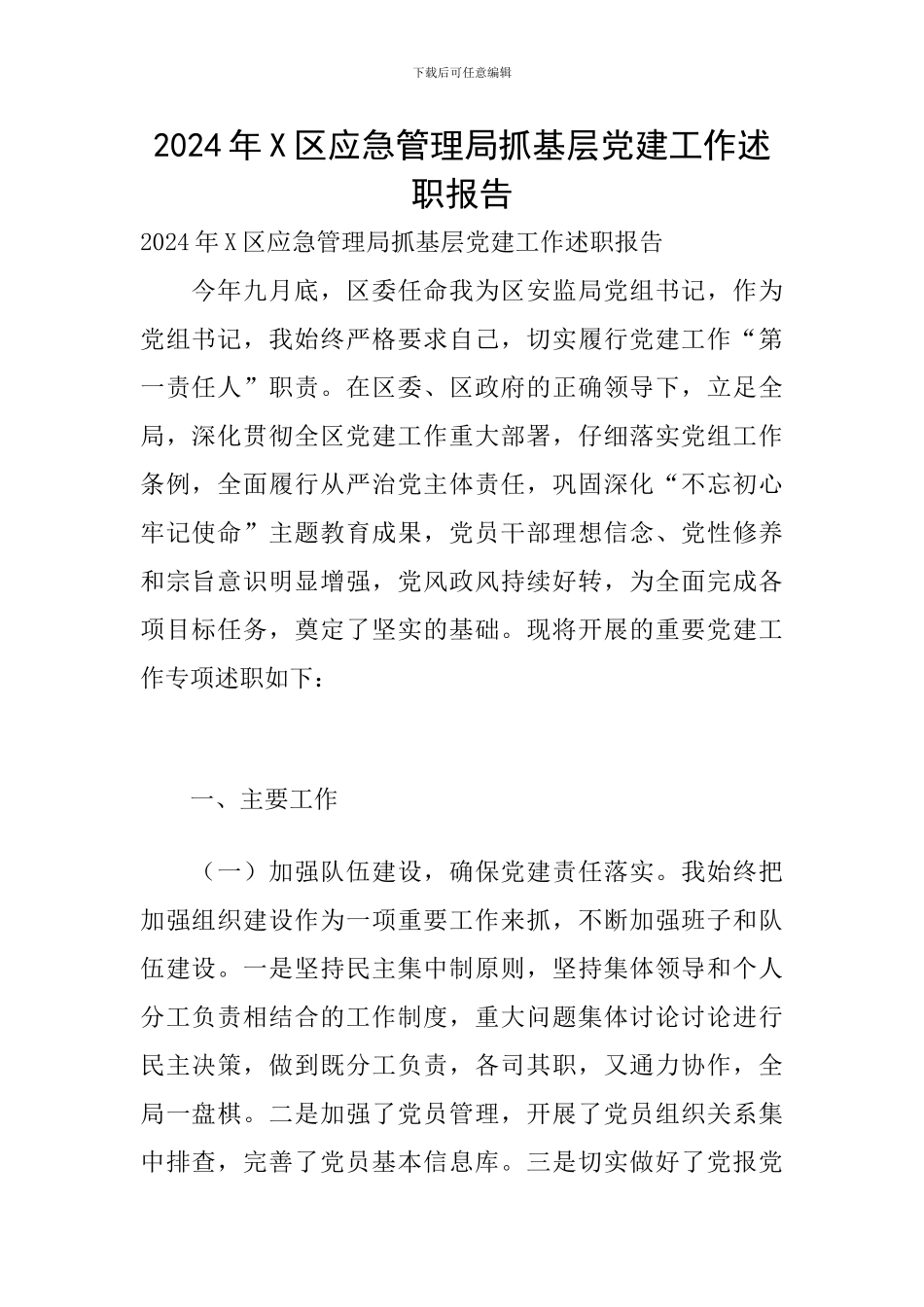 2024年X区应急管理局抓基层党建工作述职报告_第1页