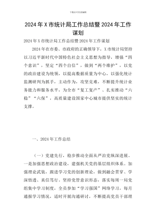 2024年X市统计局工作总结暨2024年工作谋划