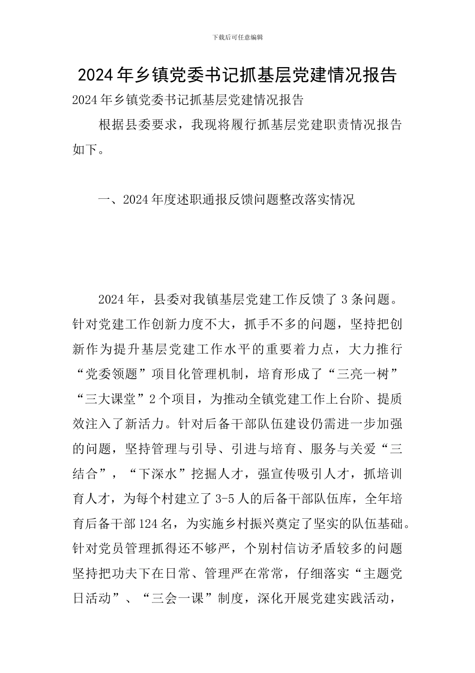 2024年乡镇党委书记抓基层党建情况报告_第1页