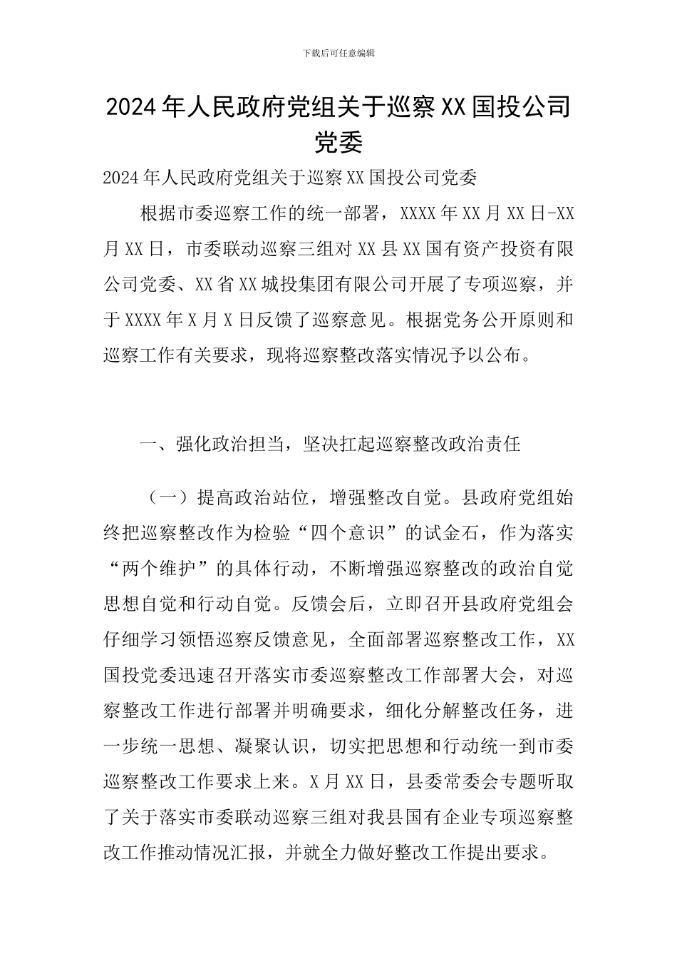 2024年人民政府党组关于巡察XX国投公司党委_第1页