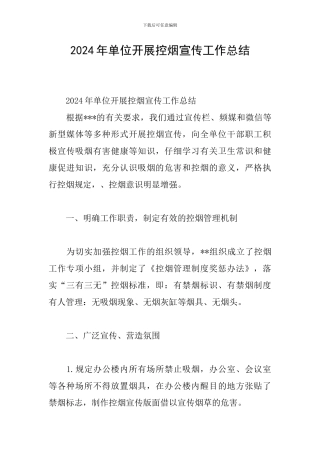 2024年单位开展控烟宣传工作总结