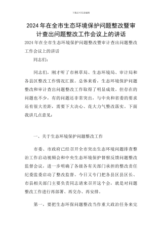 2024年在全市生态环境保护问题整改暨审计查出问题整改工作会议上的讲话