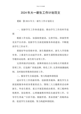 2024年大一新生工作计划范文